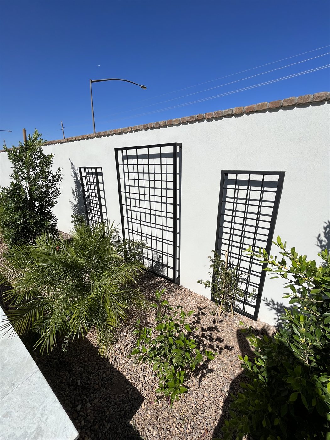 Row of steel trellises along a poolside block wall